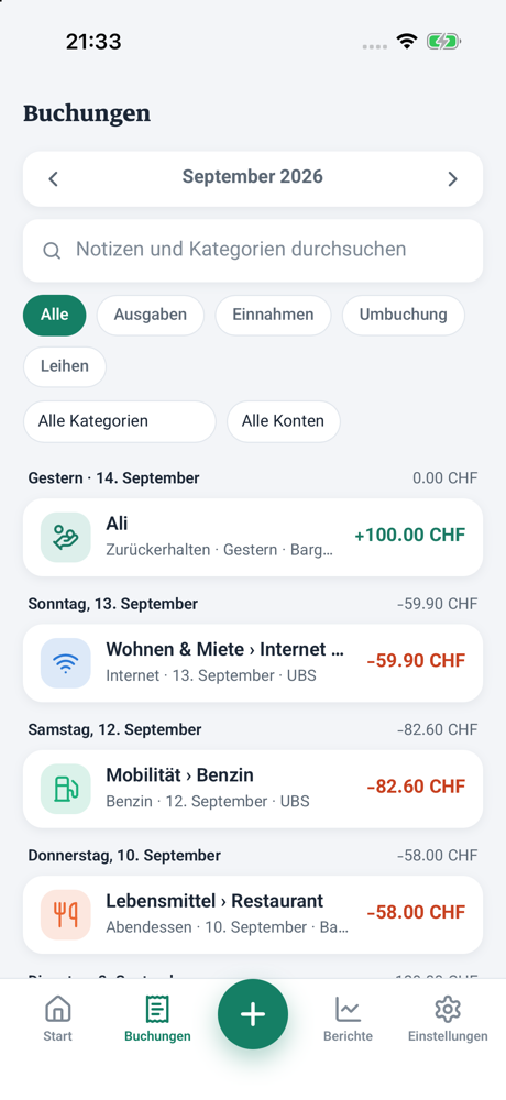 Buchungen: Suchen und Filtern nach Art, Kategorie und Konto