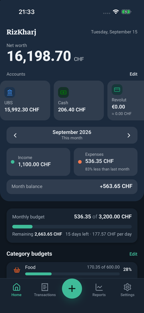 RizKharj home screen in dark mode