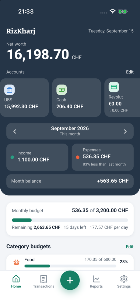 RizKharj home screen in light mode: net worth, accounts, month summary and budget
