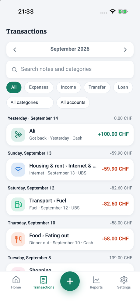 Transactions: search and filter by type, category and account